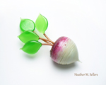 The stem is Toto, the leaves are Wheatgrass, the top of the radish is Dark Velvet with transitional enamels, then the accent dots are also Dark Velvet, the bottom of the radish is Peppermint Cream.